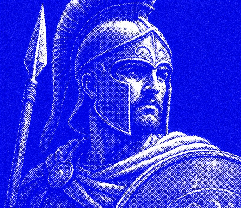Engraving of a hoplite holding the line