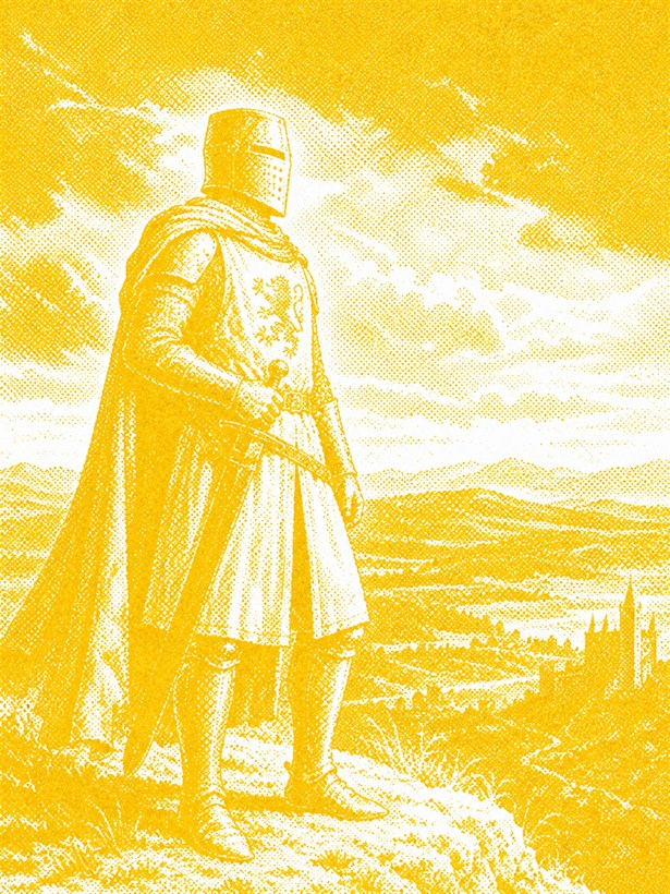Engraving of a knight keeping the long watch over a valley